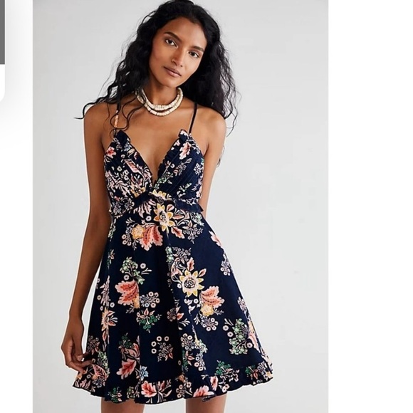 Free People Dresses & Skirts - NEW Free People Cord Looking Glass Mini‎ Navy Blue Ruffle Corduroy Floral Sz L